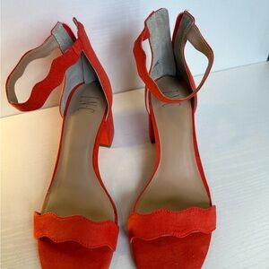 INC International Concepts Orange-Red Scalloped Suede Ankle Strap Heels